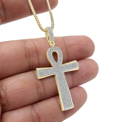 Real Genuine Diamond 0.78 Cwt. Egyptian Ankh Cross Piece Pendent Charm Chain Set 10K Gold Finish 2''