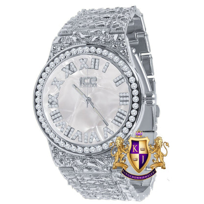 Men's Roman Numeral Dial 18K White Gold Finish Silver Face Simulated Diamond 5 ATM Water Resistant Solid Steel Back Nugget Watch 44mm
