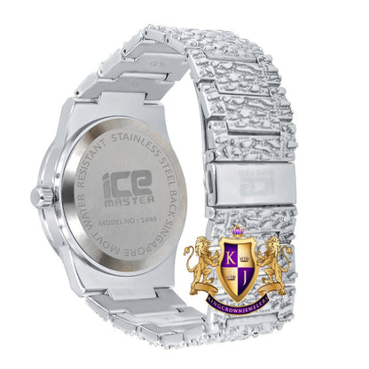 Men's Roman Numeral Dial 18K White Gold Finish Silver Face Simulated Diamond 5 ATM Water Resistant Solid Steel Back Nugget Watch 44mm