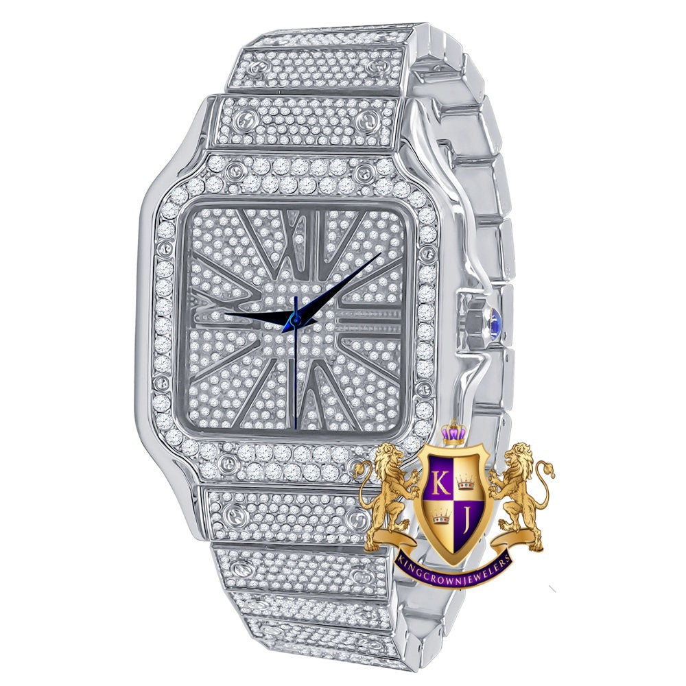 Men's White Gold Finish Simulated Diamond Water Resistance Steel Back Square Metal Band Watch