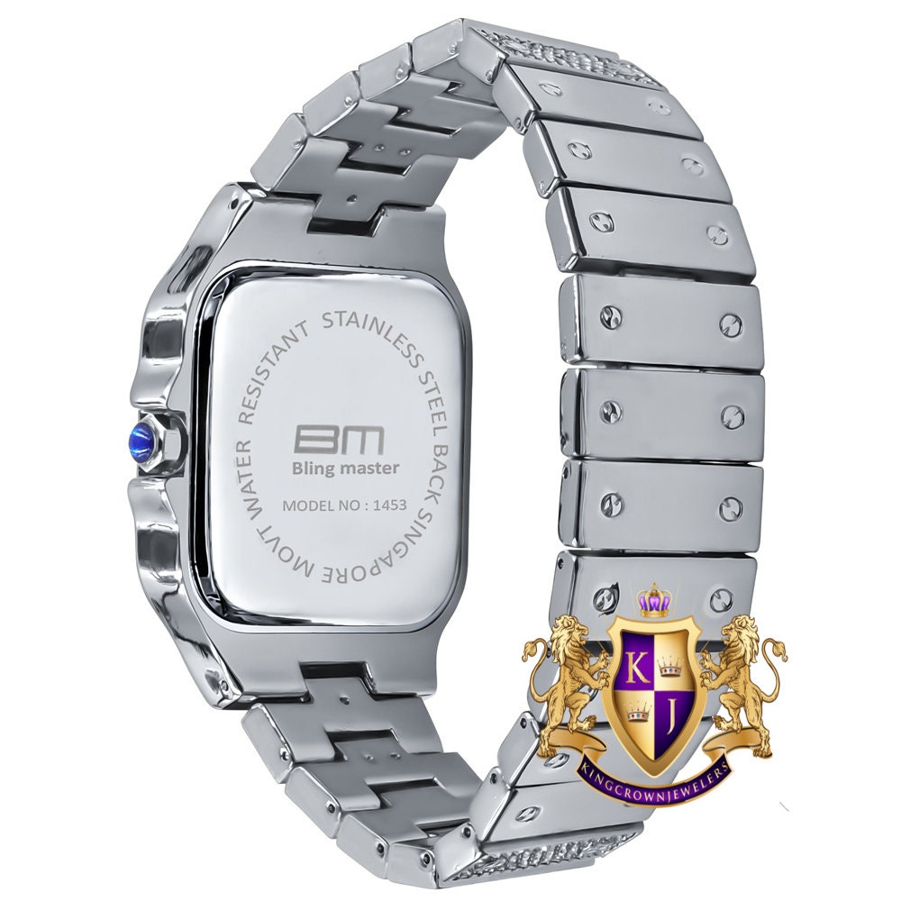 Men's White Gold Finish Simulated Diamond Water Resistance Steel Back Square Metal Band Watch