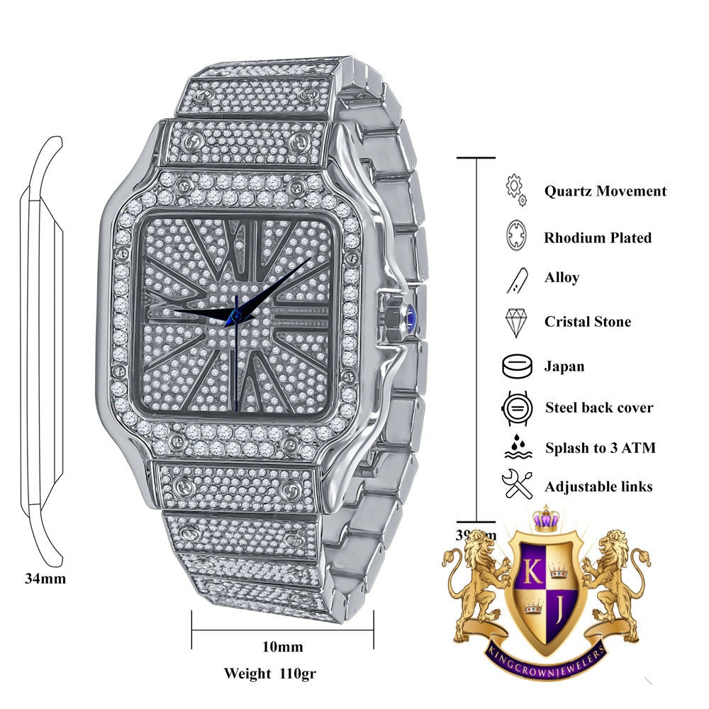 Men's White Gold Finish Simulated Diamond Water Resistance Steel Back Square Metal Band Watch