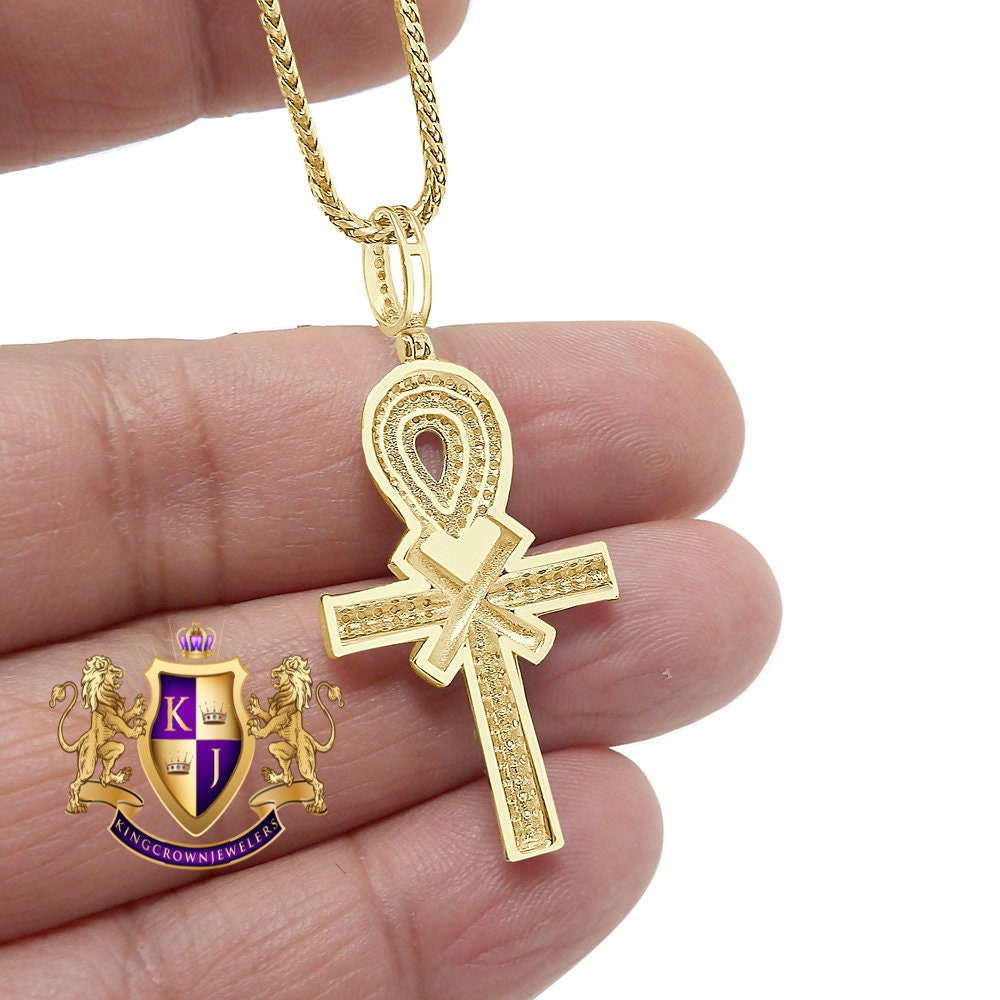Genuine Real Authentic Diamond 0.75 Cwt. Egyptian Ankh Cross Piece Unisex Pendant Charm Chain Neckless Set 10K Solid Gold Finish 10+ Grams