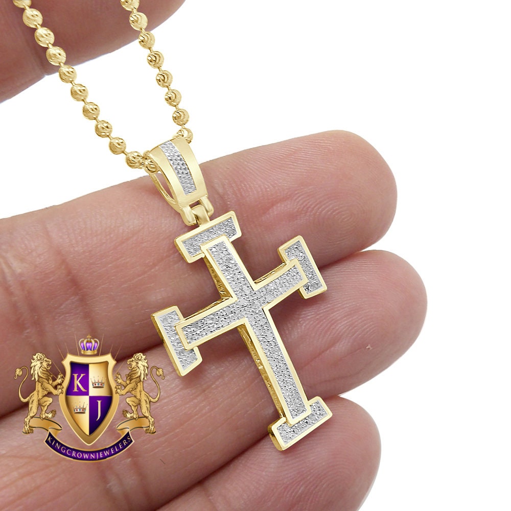 Real Genuine Authentic Diamond 0.33 Cwt. 10K Gold Over Jesus Holy Cross Piece Mini Pendant Unisex Religious Charm Chain Neckless Set 1.5''