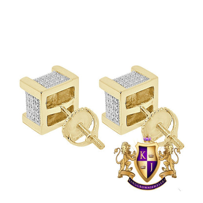 Real Genuine Diamonds 10K Gold Over Bling Square Cube Custom Screw Back Earrings Stud Small 6mm