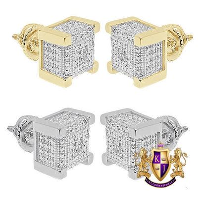 Real Genuine Diamonds 10K Gold Over Bling Square Cube Custom Screw Back Earrings Stud Small 6mm