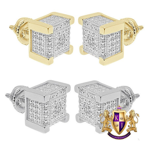 Real Genuine Diamonds 10K Gold Over Bling Square Cube Custom Screw Back Earrings Stud Small 6mm