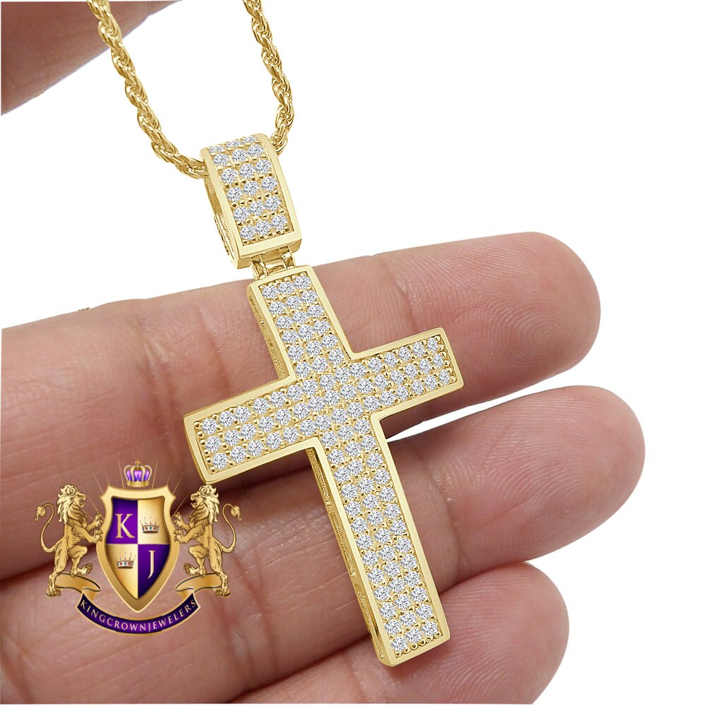 10K Real Authentic Yellow Gold Holy Jesus Cross Pendent 2'' Simulated Diamond Charm 6.5 + Grams Free Chain