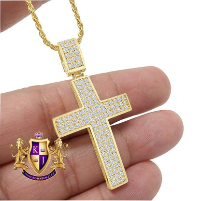 10K Real Authentic Yellow Gold Holy Jesus Cross Pendent 2'' Simulated Diamond Charm 6.5 + Grams Free Chain