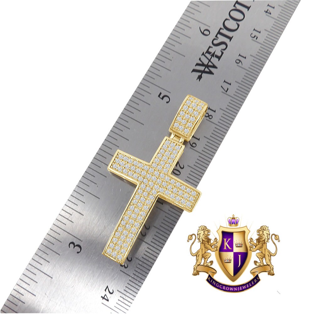 10K Real Authentic Yellow Gold Holy Jesus Cross Pendent 2'' Simulated Diamond Charm 6.5 + Grams Free Chain