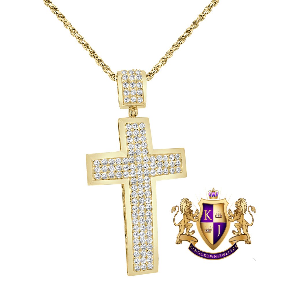 Real 10K Authentic Yellow Gold Holy Jesus Cross Pendent 2'' Simulated Diamond Charm 5.1 + Grams Free Chain