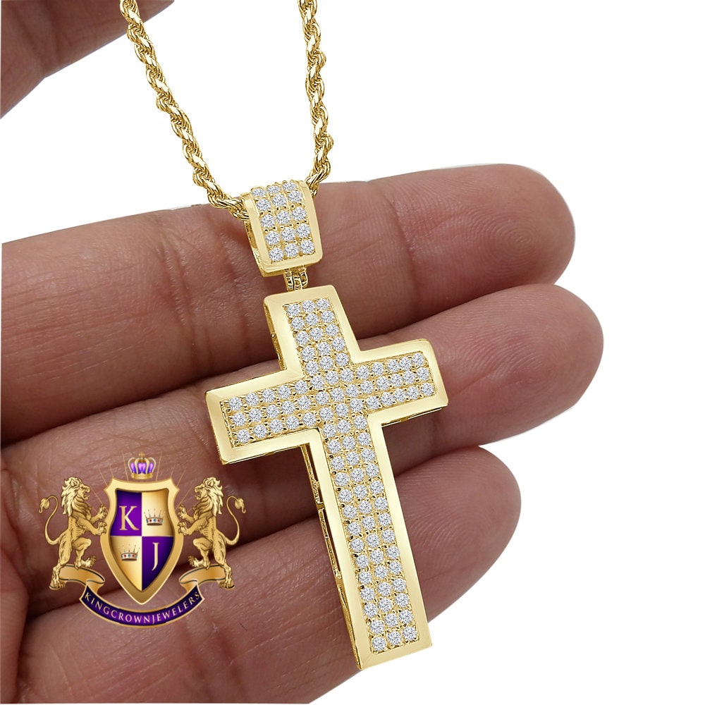 Real 10K Authentic Yellow Gold Holy Jesus Cross Pendent 2'' Simulated Diamond Charm 5.1 + Grams Free Chain