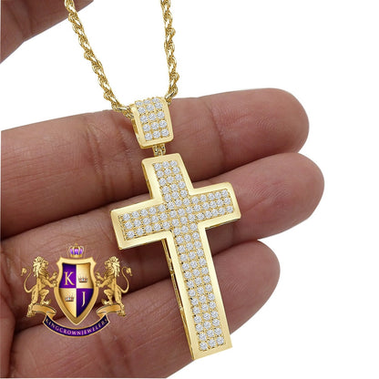 Real 10K Authentic Yellow Gold Holy Jesus Cross Pendent 2'' Simulated Diamond Charm 5.1 + Grams Free Chain