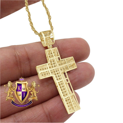 Real 10K Authentic Yellow Gold Holy Jesus Cross Pendent 2'' Simulated Diamond Charm 5.1 + Grams Free Chain