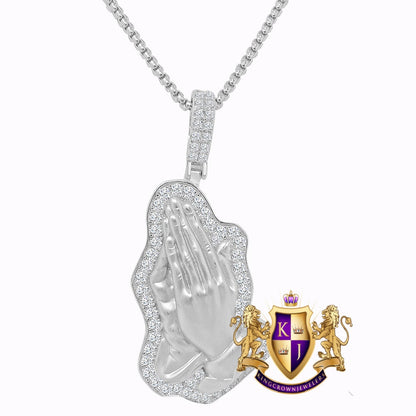 Men's Ladies Genuine Italian Sterling Silver Simulated Diamond Designer Praying Hands Pendent Charm + Free Chain