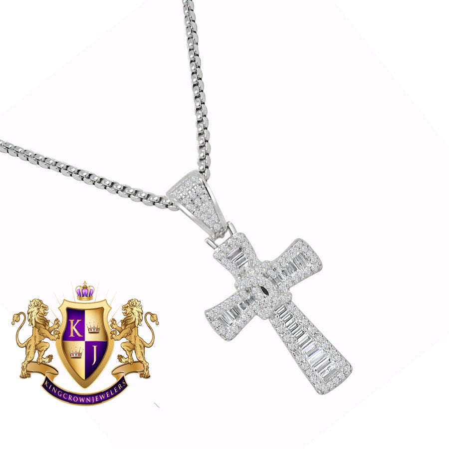 Real Genuine Sterling Silver Baguette/Round Cut Simulated Diamond Mini Cross Pendent Charm + Free Chain