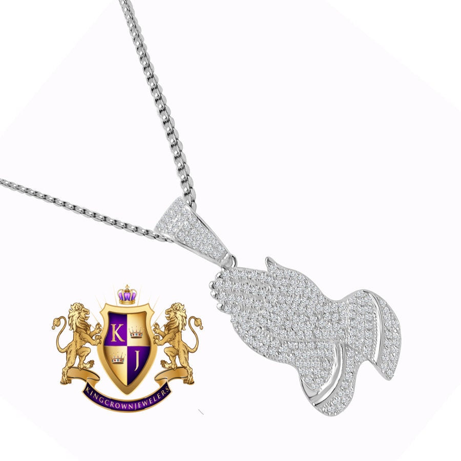 Genuine Italian Sterling Silver Simulated Diamond Designer Praying Hands Mini Pendent Charm + Free Chain
