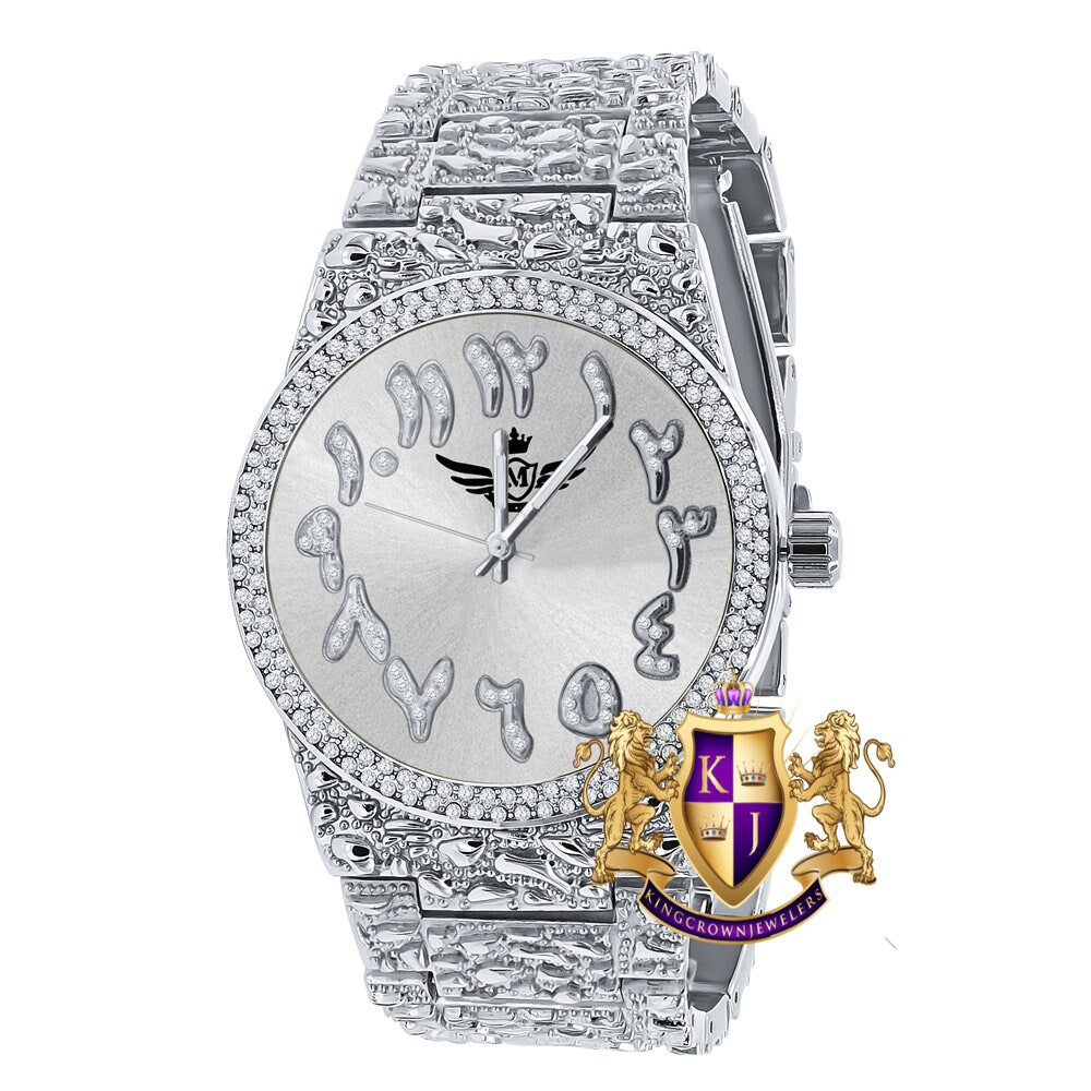 Arabic Numeral Dial White Gold Tone Simulated Diamond Nugget Style Men's Steel Watch 44mm