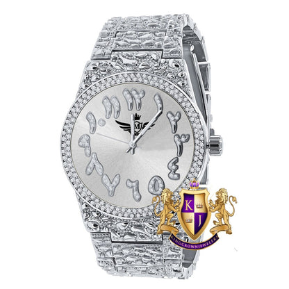 Arabic Numeral Dial White Gold Tone Simulated Diamond Nugget Style Men's Steel Watch 44mm