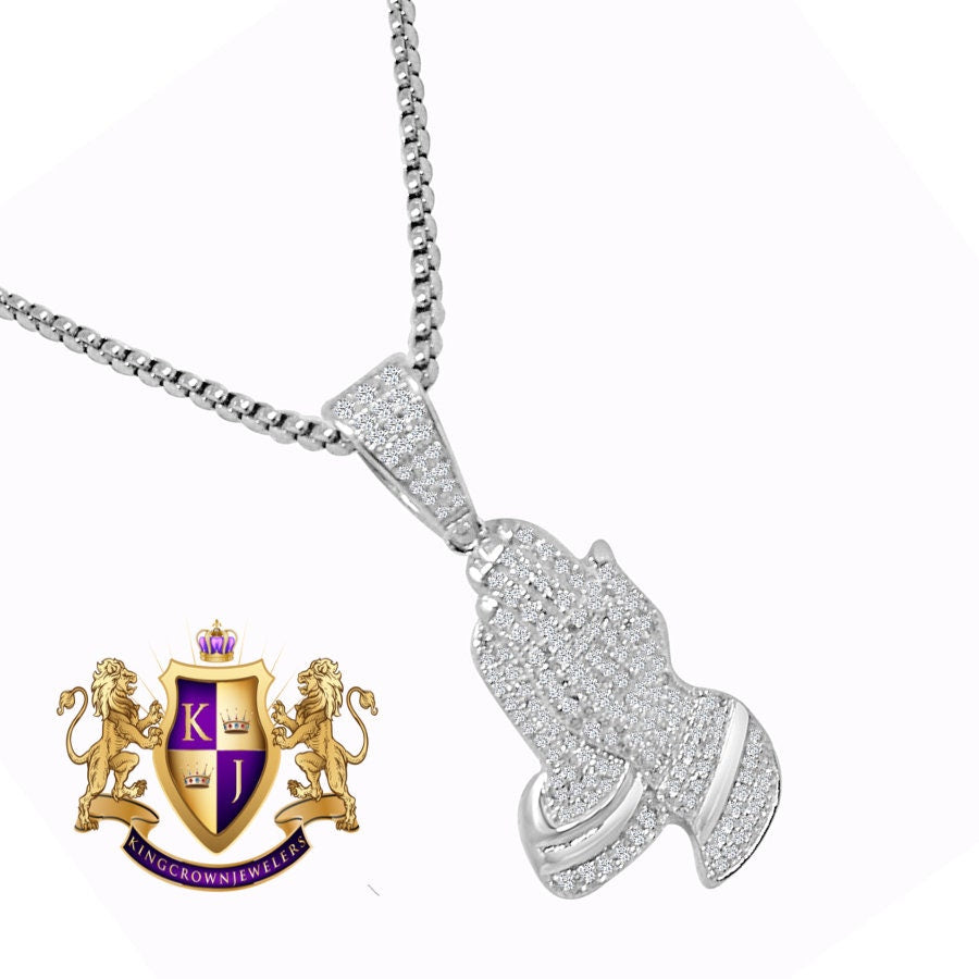 Real Sterling Silver Simulated Diamond Designer Praying Hands Mini Pendent Charm + Free Chain
