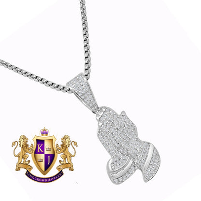 Real Sterling Silver Simulated Diamond Designer Praying Hands Mini Pendent Charm + Free Chain