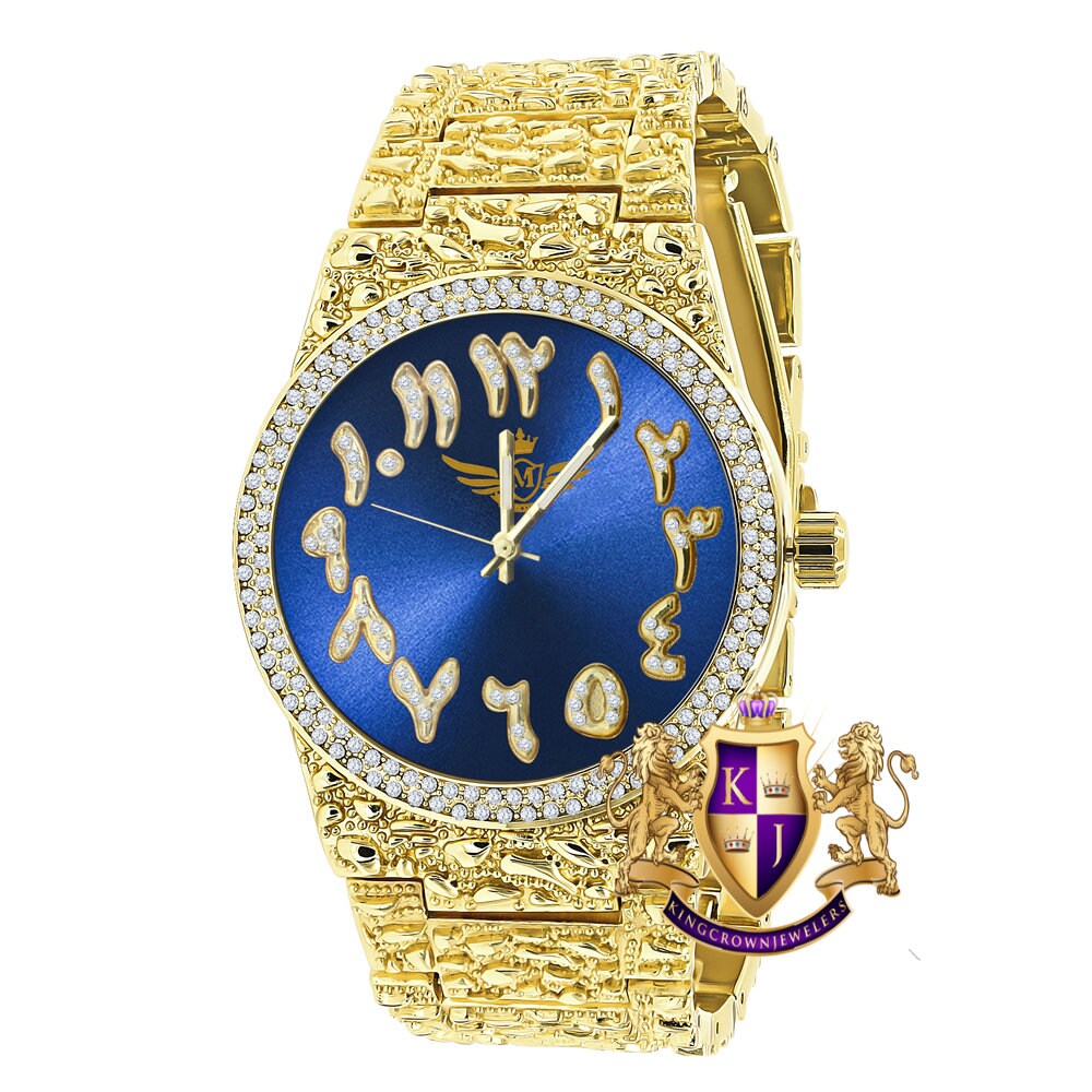 Blue Emerald Face Arabic Numeral Dial Yellow Gold Tone Simulated Diamond Nugget Style Men's Steel Watch 44mm