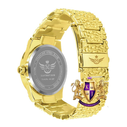 Blue Emerald Face Arabic Numeral Dial Yellow Gold Tone Simulated Diamond Nugget Style Men's Steel Watch 44mm