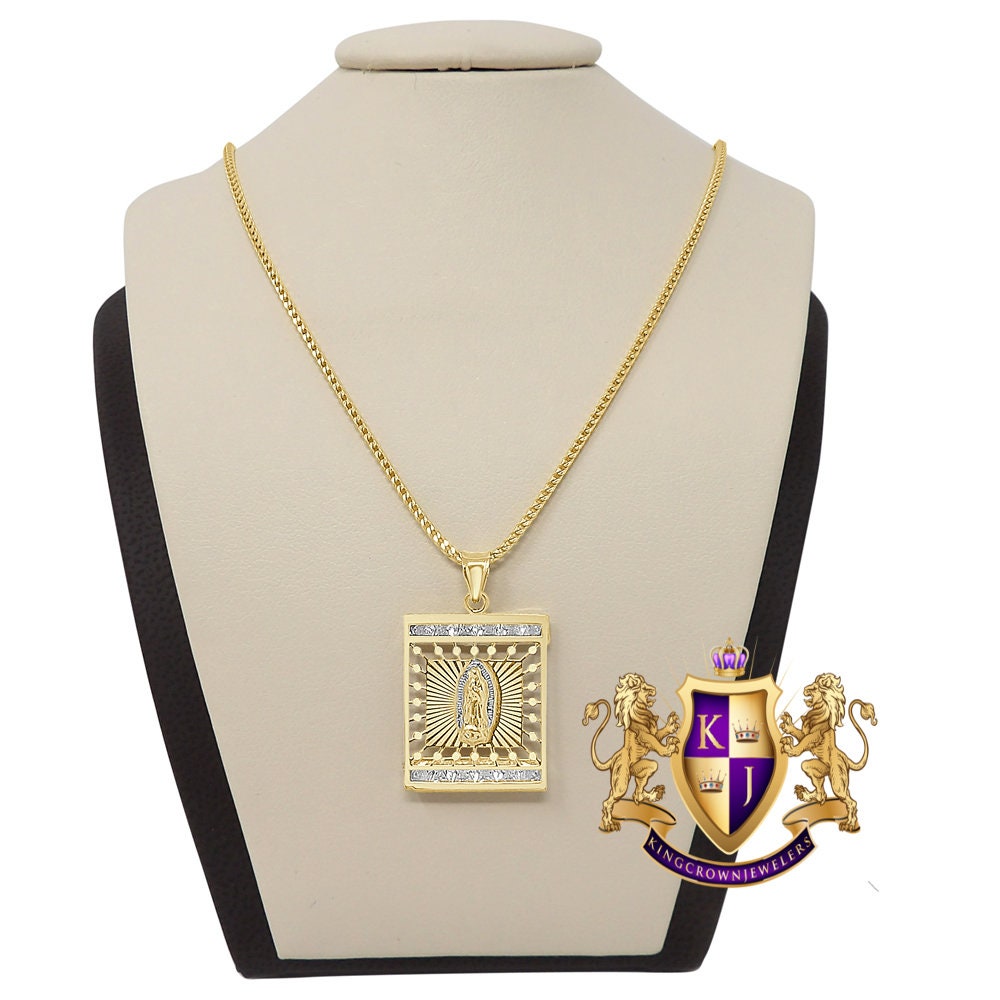Men's 100% 10K Real Solid Yellow Gold Mother Mary Pendant Religious Pendent Frame Charm + Free Chain