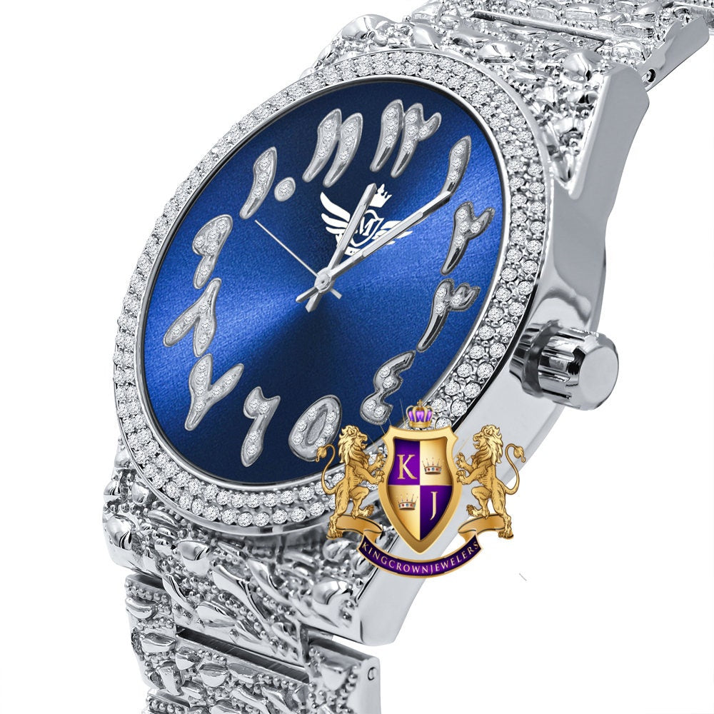 Sapphire Blue Dial Arabic Numeral Face White Gold Tone Simulated Diamond Nugget Style Men's Steel Watch 44mm