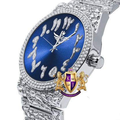Sapphire Blue Dial Arabic Numeral Face White Gold Tone Simulated Diamond Nugget Style Men's Steel Watch 44mm