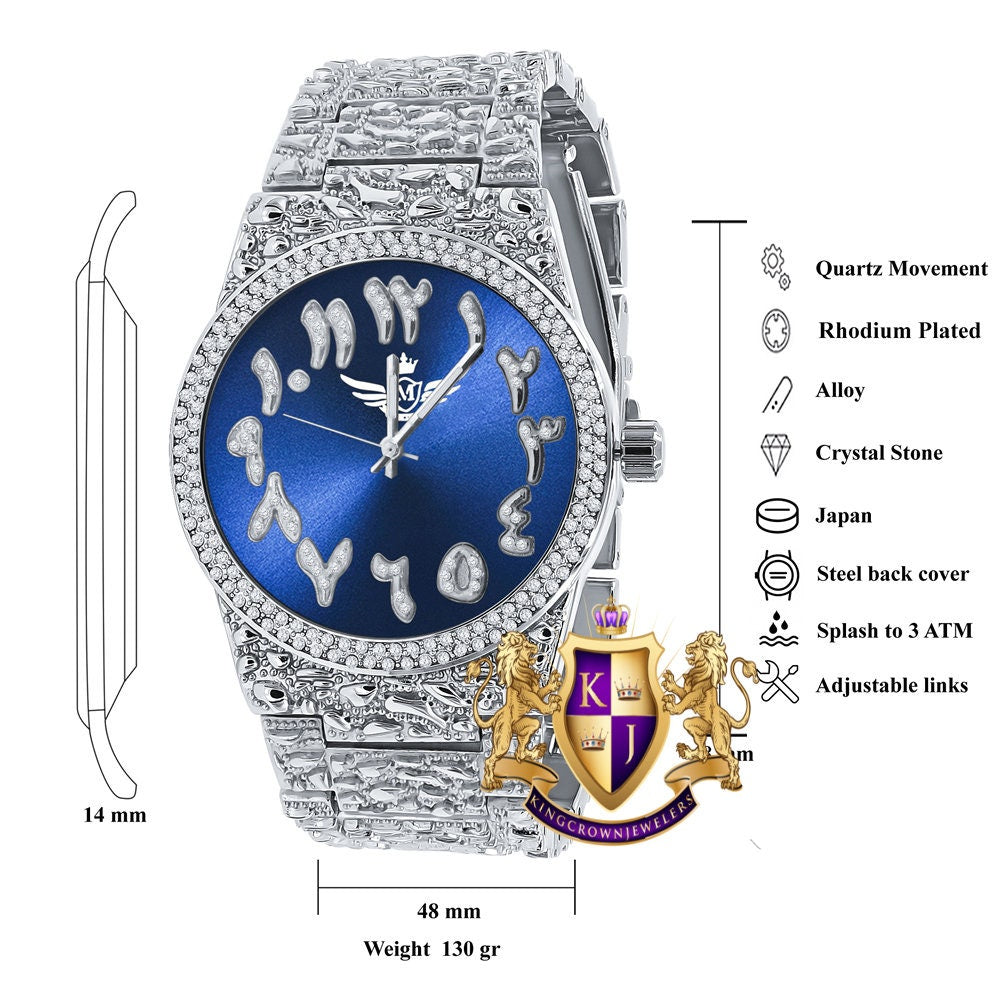 Sapphire Blue Dial Arabic Numeral Face White Gold Tone Simulated Diamond Nugget Style Men's Steel Watch 44mm