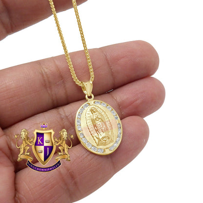 10K Real Solid Yellow Gold Mother Mary Pendant Religious Pendent Frame Unisex Charm + Free Chain