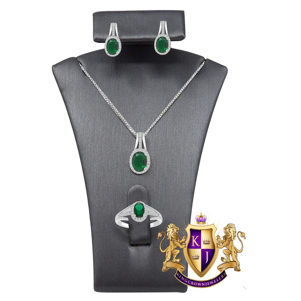 Emerald Green Real Sterling Silver 10K White Gold Over Pendent Charm Chain Neckless Earrings Ring 3 Piece Combo Set