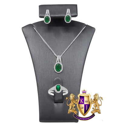 Emerald Green Real Sterling Silver 10K White Gold Over Pendent Charm Chain Neckless Earrings Ring 3 Piece Combo Set