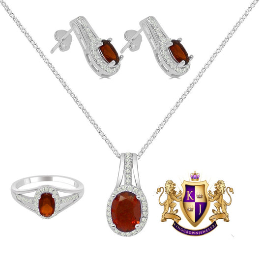 Ruby Red Real Sterling Silver 10K White Gold Over Pendent Charm Chain Neckless Earrings Ring 3 Piece Combo Set