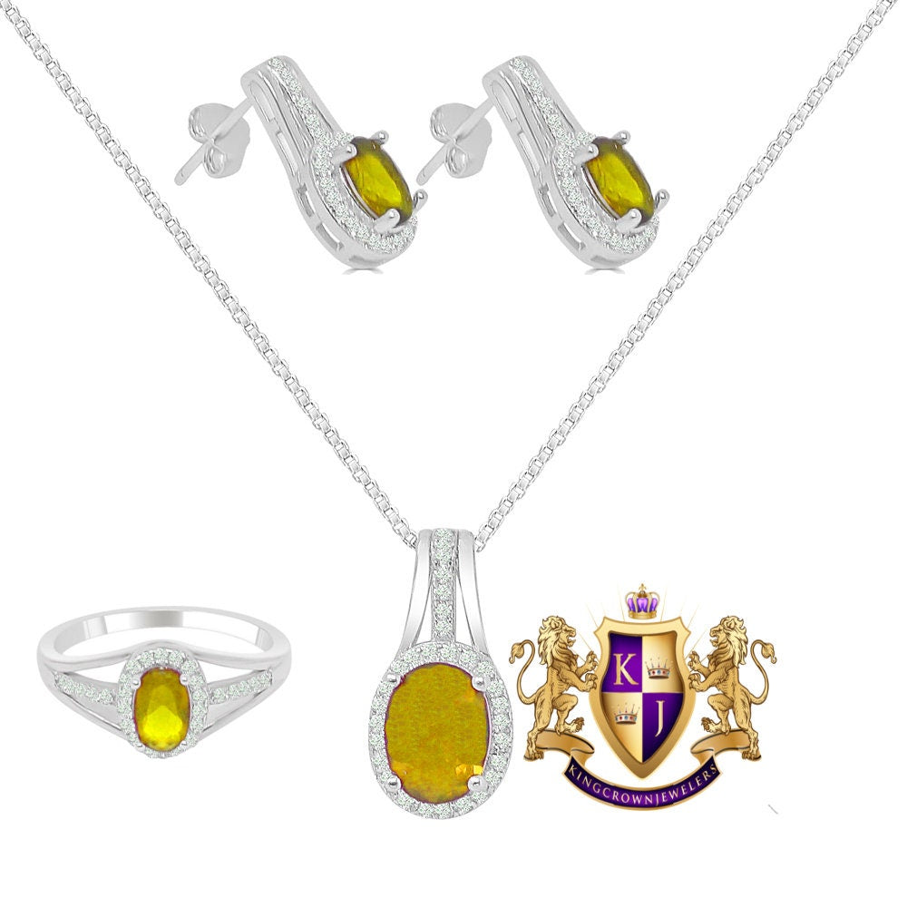 Citrine Canary Real Sterling Silver 10K White Gold Over Pendent Charm Chain Neckless Earrings Ring 3 Piece Combo Set