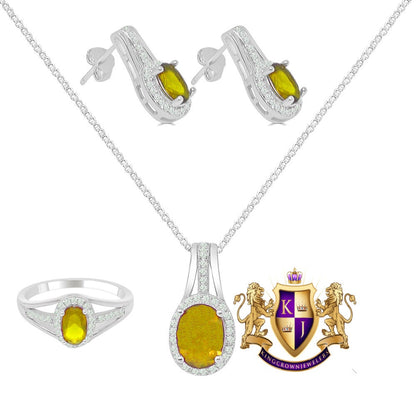 Citrine Canary Real Sterling Silver 10K White Gold Over Pendent Charm Chain Neckless Earrings Ring 3 Piece Combo Set