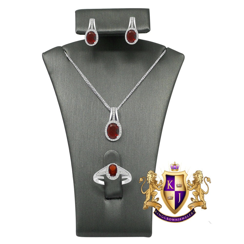 Ruby Red Real Sterling Silver 10K White Gold Over Pendent Charm Chain Neckless Earrings Ring 3 Piece Combo Set
