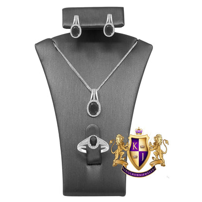Black Onyx Real Sterling Silver 10K White Gold Over Pendent Charm Chain Neckless Earrings Ring 3 Piece Combo Set