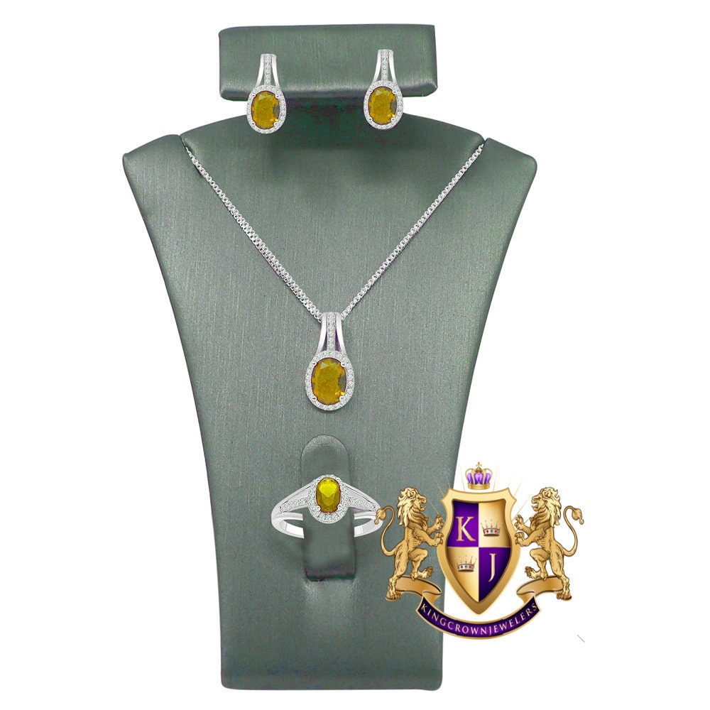 Citrine Canary Real Sterling Silver 10K White Gold Over Pendent Charm Chain Neckless Earrings Ring 3 Piece Combo Set