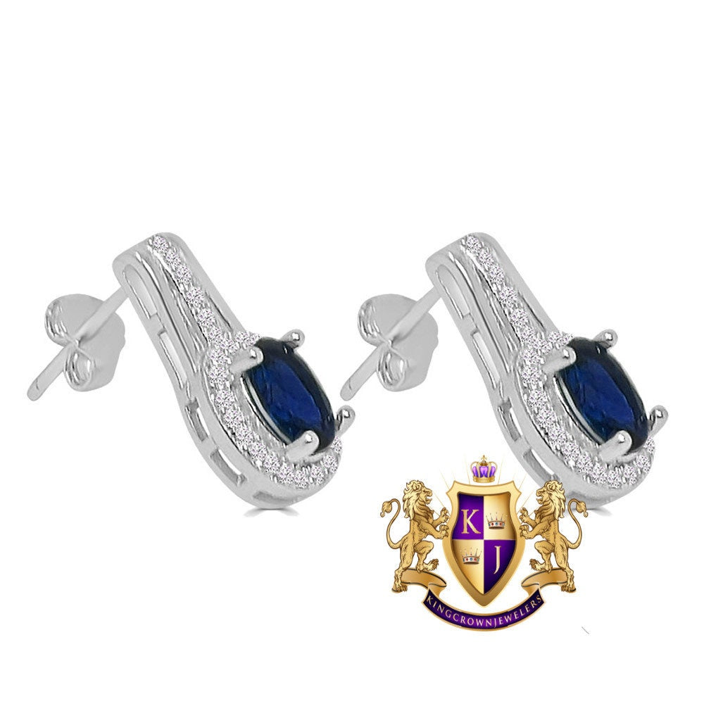 Sapphire Blue Real Sterling Silver 10K White Gold Over Pendent Charm Chain Neckless Earrings Ring 3 Piece Combo Set