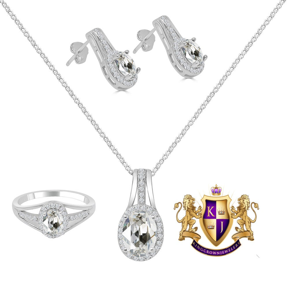 Crystal Clear Zirconia Real Sterling Silver 10K White Gold Over Pendent Charm Chain Neckless Earrings Ring 3 Piece Combo Set