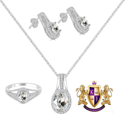 Crystal Clear Zirconia Real Sterling Silver 10K White Gold Over Pendent Charm Chain Neckless Earrings Ring 3 Piece Combo Set