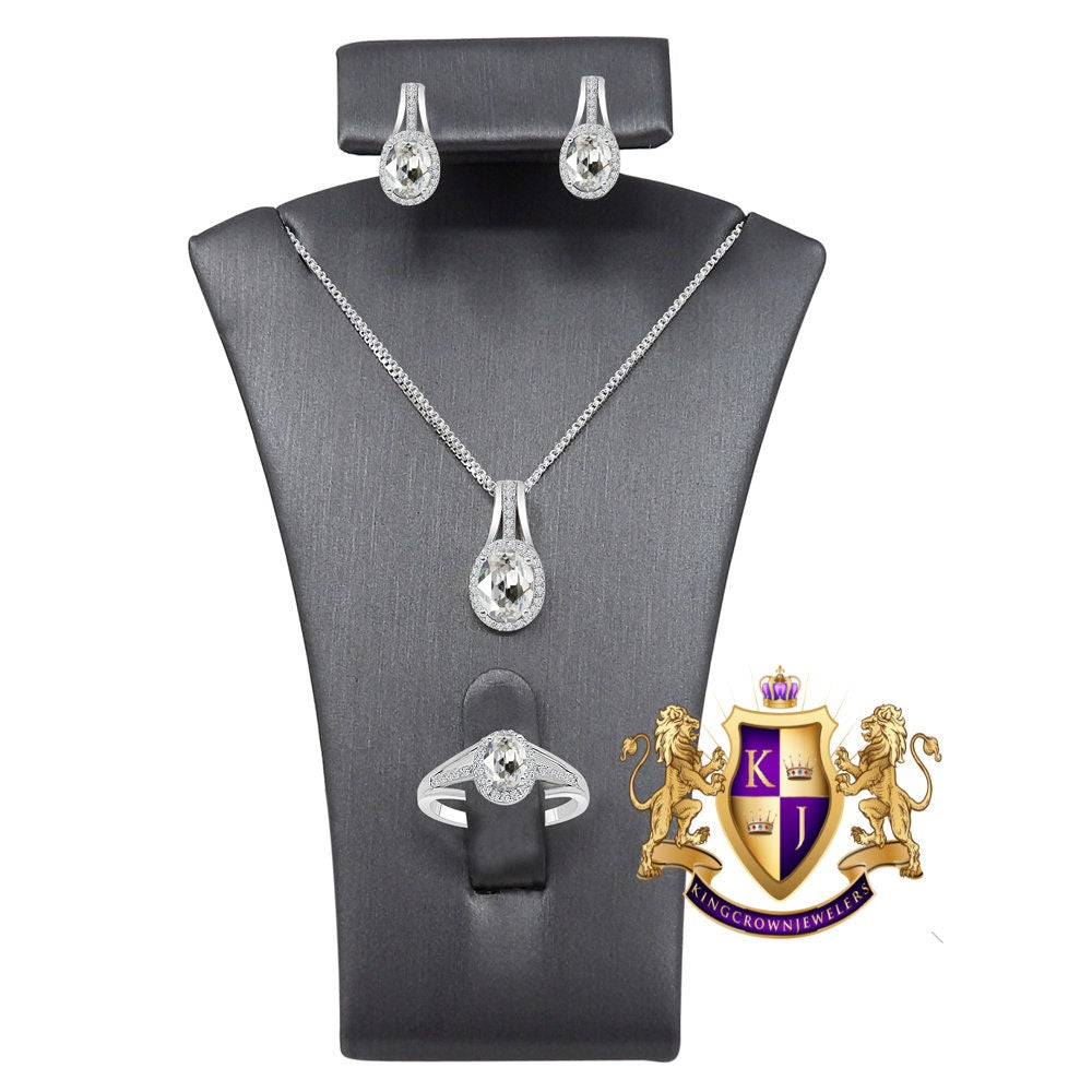 Crystal Clear Zirconia Real Sterling Silver 10K White Gold Over Pendent Charm Chain Neckless Earrings Ring 3 Piece Combo Set