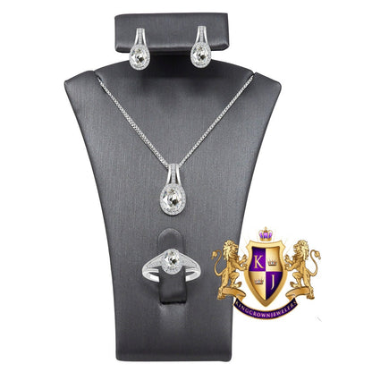 Crystal Clear Zirconia Real Sterling Silver 10K White Gold Over Pendent Charm Chain Neckless Earrings Ring 3 Piece Combo Set