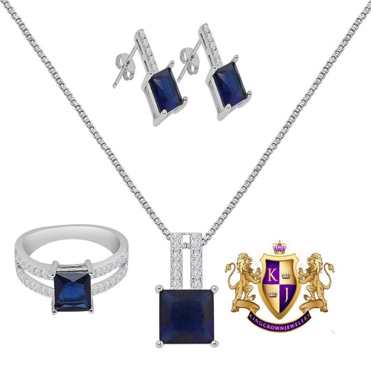 Real Sterling Silver Solitaire Sapphire Blue 10K White Gold Over Pendent Charm Chain Neckless Earrings Ring 3 Piece Combo Set