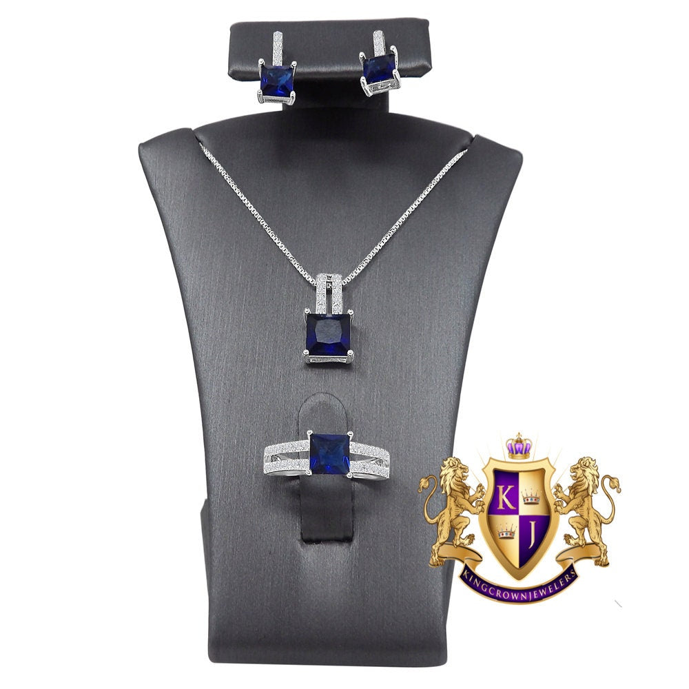 Real Sterling Silver Solitaire Sapphire Blue 10K White Gold Over Pendent Charm Chain Neckless Earrings Ring 3 Piece Combo Set