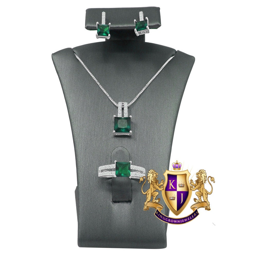 Real Sterling Silver Solitaire Emerald Green 10K White Gold Over Pendent Charm Chain Neckless Earrings Ring 3 Piece Combo Set