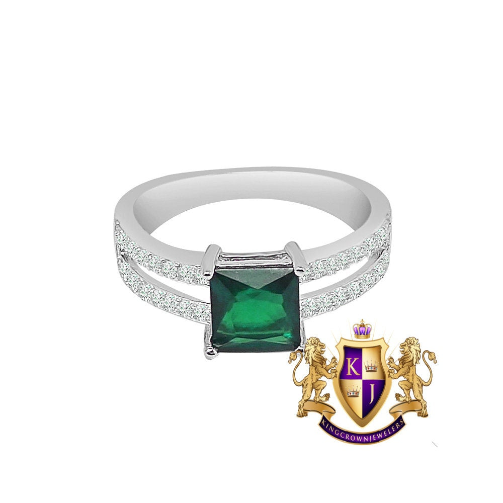 Real Sterling Silver Solitaire Emerald Green 10K White Gold Over Pendent Charm Chain Neckless Earrings Ring 3 Piece Combo Set