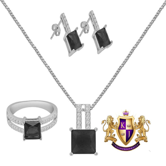 Real Sterling Silver Solitaire Black Onyx 10K White Gold Over Pendent Charm Chain Neckless Earrings Ring 3 Piece Combo Set